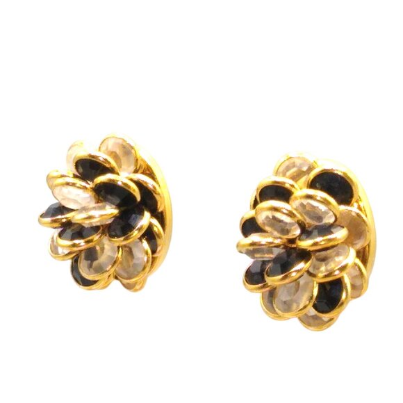 Vintage Monet Bezel Set Crystal Cluster Earrings, Black and White in Gold Tone - Picture 3 of 4